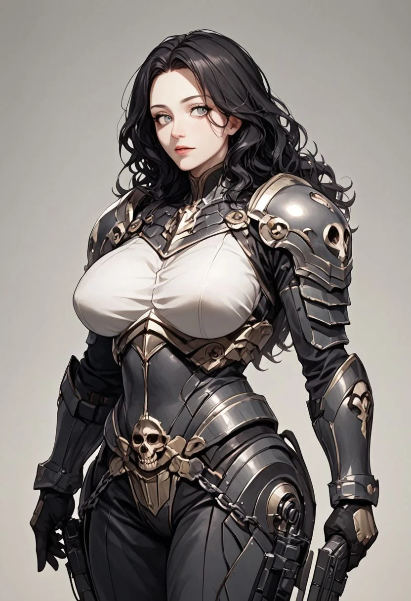 score_9, score_8_up, score_7_up, score_6_up,Expressiveh, 1 girl, curvy body and large (saggy:0.5) breasts,one kneel,holding (a bltgun bolter weapon), 1girl, short wavy hair, black hair, grey eyes,mature, open forehead, detailed eyes,ringed eyes,edgAdepta,gloves,looking at viewer, chain belt ,wearing edgAdepta,power armor,shoulder armor,skull emblem,