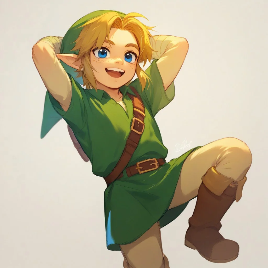 score_9, score_8_up, score_7_up, child:1.2, Link 1boy pale, YoungLink, sketch art, [blue eyes], flipped messy blonde hair, freckles, happy, green tunic, boots, on one knee, arms behind head, solo