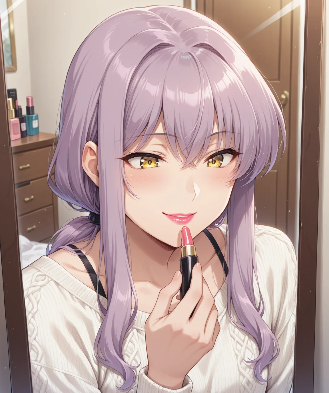 masterpiece, best quality, amazing quality, very aesthetic, ultra detail, clear line, solo, <lora:uno:0.8>, uno, purple hair, long hair, low ponytail, yellow eyes, smile, Feminine Fashion, summer sweater, upper body, <lora:Applying_Lipstick-Concept-Ilustrious:0.6>, LipyStic, lipstick, cosmetics, applying makeup, holding lipstick, lipstick above lips, peering into mirror, girl's room, indoor, <lora:LECO_BadHands:1.2>, <lora:LECO_GoodHands:-1.2>, <lora:cfg_scale_boost:0.7>