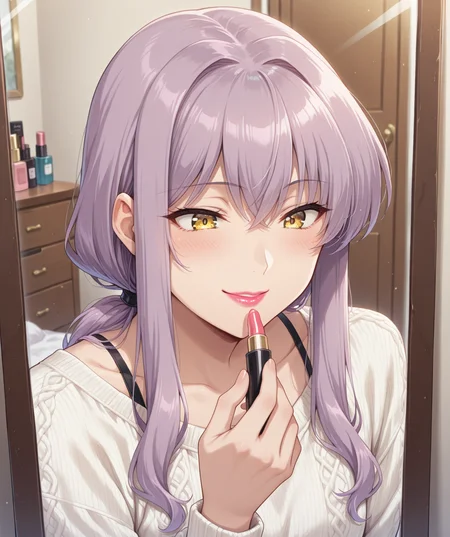 masterpiece, best quality, amazing quality, very aesthetic, ultra detail, clear line, solo, <lora:uno:0.8>, uno, purple hair, long hair, low ponytail, yellow eyes, smile, Feminine Fashion, summer sweater, upper body, <lora:Applying_Lipstick-Concept-Ilustrious:0.6>, LipyStic, lipstick, cosmetics, applying makeup, holding lipstick, lipstick above lips, peering into mirror, girl's room, indoor, <lora:LECO_BadHands:1.2>, <lora:LECO_GoodHands:-1.2>, <lora:cfg_scale_boost:0.7>
