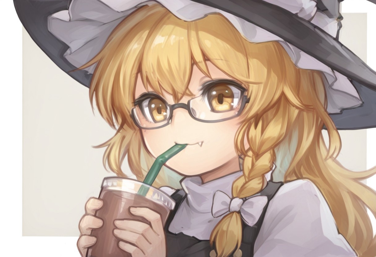 best quality, 1girl, solo, kirisame marisa, drinking straw in mouth, holding cup, happy, fang, glasses, witch hat,