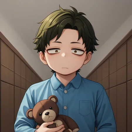 score_9, score_8_up, score_7_up, source_anime, highly detailed, cute boy, 1boy, solo, young, damian desmond, short hair, brown hair, brown eyes, blue pajamas, button up pajama shirt, holding teddy bear, rubbing eye, sleepy, bags under eyes, bare feet, at night, in hallway