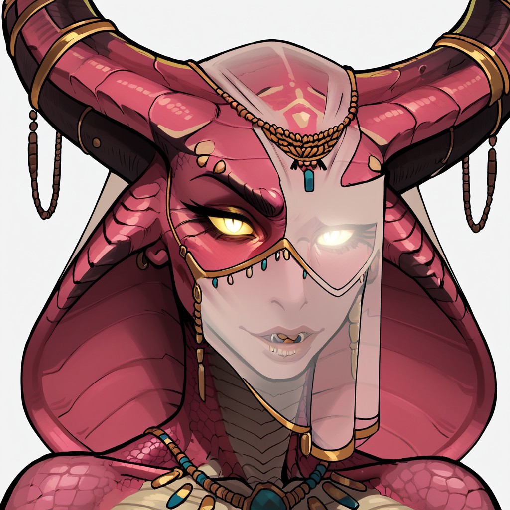 score_9, score_8_up, score_7_up, score_6_up, source_cartoon, black outlines, 1girl, portrait face, (close up:1.5), white background, simple background, cobra, scales, scaly skin, white veil, mouth veil, transparent fabric, tribal jewelry, gold jewelry, horns, piercings, pale skin, pink skin, white glowing eyes, forward pointing horns