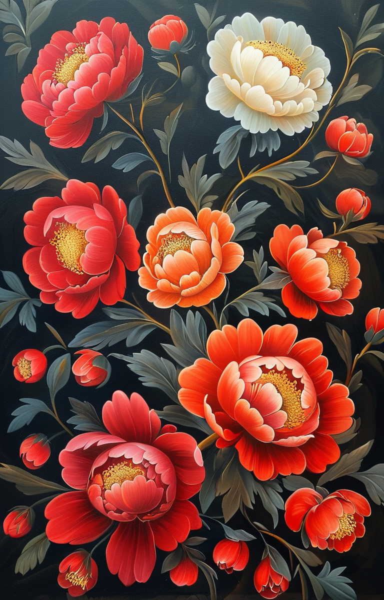 masterpiece,best quality,<lora:tbh230-sdxl:0.9>,illustration,Khokhloma, decaying peonies