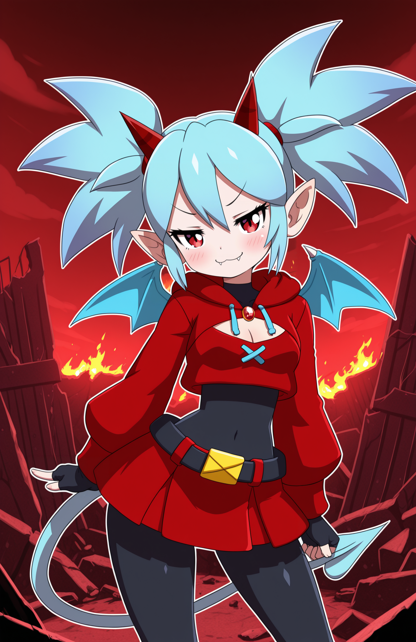 1girl, solo, ruins, hell, cloud, red sky, dark sky, fiery sky, fire, cowboy shot,
<lora:Nullantwins:0.8> zhuu, red eyes, blue hair, red horns, demon tail, blue tail, demon wings, blue wings, twintails, big hair, pointy ears,
red hoodie, cropped hoodie, long sleeves, black bodysuit, fur-trimmed hoodie, blue fur, black gloves, fingerless gloves, cleavage cutout, red skirt, midriff, black belt, belt buckle, blue drawstring,
contrapposto, light smile, blush, looking at viewer, smug, :3, fangs out,
 <lora:SevenSirens-14:1> svnsrn, extremely detailed, highres, masterpiece, best quality