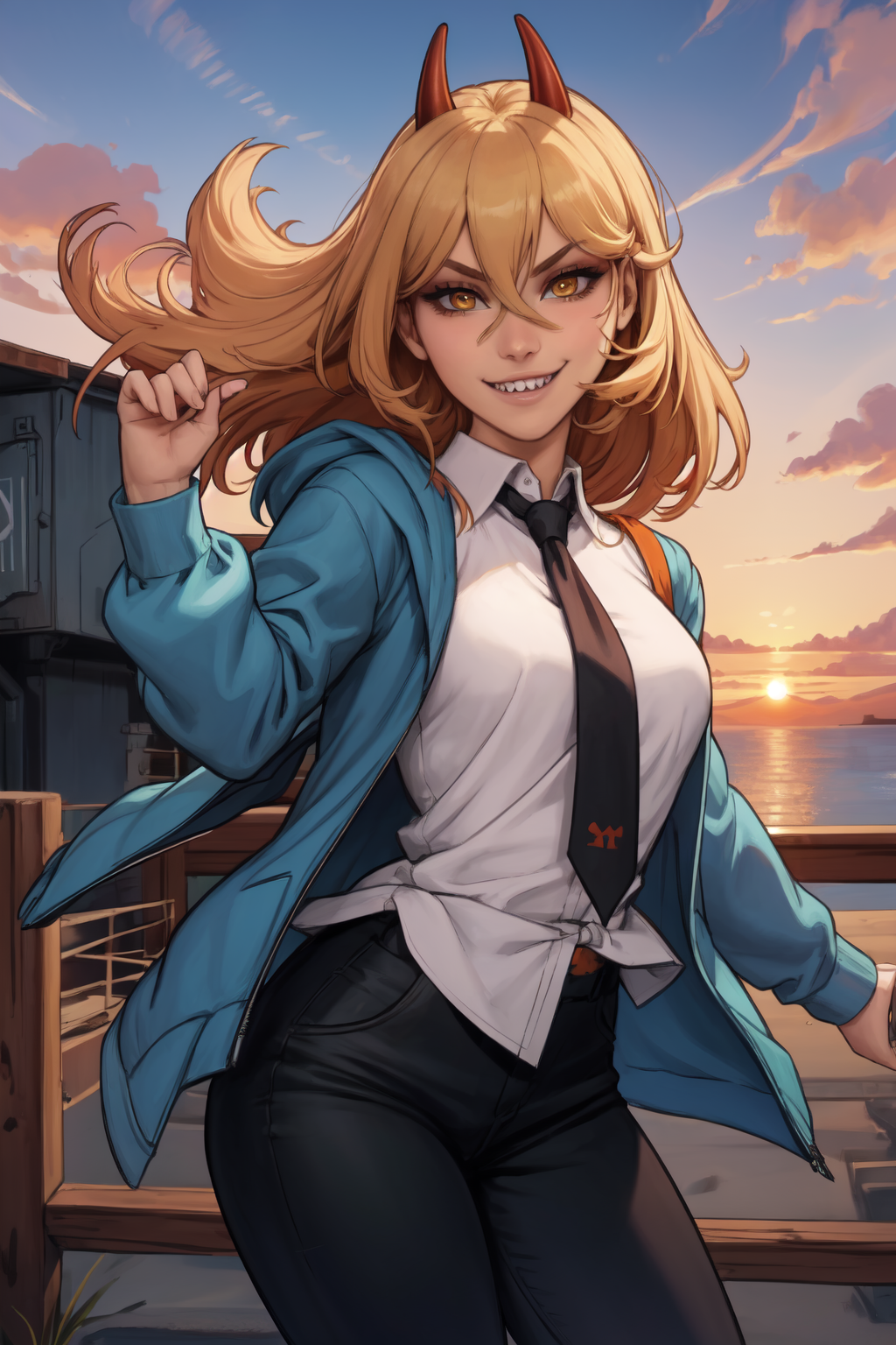 1girl, (solo:1.2), (jumping:1.3), (mid air:1.3), (cowboy shot:1.5), smile, happy, (masterpiece:1.3), (best quality:1.3), (perfect anatomy:1.4), highly detailed, <lora:Power [justTNP - v1.0]:1> power \(csm\), sharp teeth, symbol-shaped pupils, cross-shaped pupils, blonde hair, yellow eyes, blue jacket, collared shirt, black necktie, black pants, (orange sky:1.2), (cowboy scenery:1.2), (sunset:1.4), outside, summer, <lora:Kittew [MockAi - v1.0]:0.8> kittew, soft shading, charming face, (semi-realistic:1.2), detailed shading