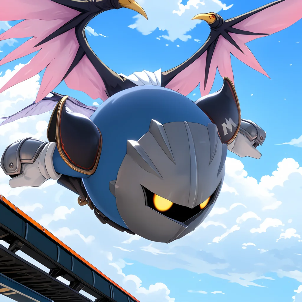 MetaknightXL, flying next to train, wings, mask, eyes <lora:MetaknightXL:1>, (anime, masterpiece, intricate:1.3), (best quality, hires textures, high detail:1.2), (4k),(incredibly detailed:1.4),UHD, 8K, ultra detailed