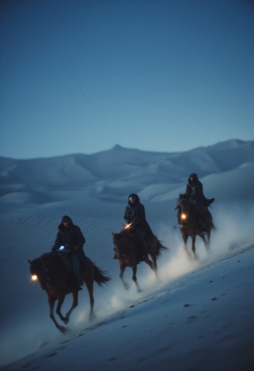 Vibrant, atmospheric analog photo with hyper-detail and photorealism, capturing a dramatic side view of a group of Bedouin riders charging across a dimly lit desert under a dusky blue sky. The faint, filtered sunlight casts a cooler, muted glow over the pale sand, creating a darker, mysterious tone to the scene. The riders lean forward with urgency, their dark robes and banners trailing behind as their horses kick up muted clouds of dust. Shadows stretch across the sand, emphasizing the intensity and determination of the group as they press onward through the twilight desert, creating a sense of purpose and quiet anticipation in the fading light.
