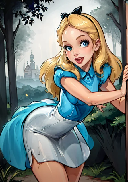 (AliceWonderlandWaifu:1), cute, smile,(dress:1.2), sexy pose, looking at viewer, :D,
(realistic:1.2), (realism), (masterpiece:1.2), (best quality), (ultra detailed), (8k, 4k, intricate),(full-body-shot:1),(Cowboy-shot:1.2), (85mm),light particles, lighting, (highly detailed:1.2),(detailed face:1.2), (gradients), nsfw, colorful, detailed eyes,
(detailed ladscape, forest, wooden house:1.2),(detailed background),detailed landscape, (dynamic angle:1.2), (dynamic pose:1.2), (rule of third_composition:1.3), (Line of action:1.2), wide shot, solo, daylight,
<lora:Aliceinwonderland_character-20:0.7> <lora:reiqStyleLORA_v2:0.8>