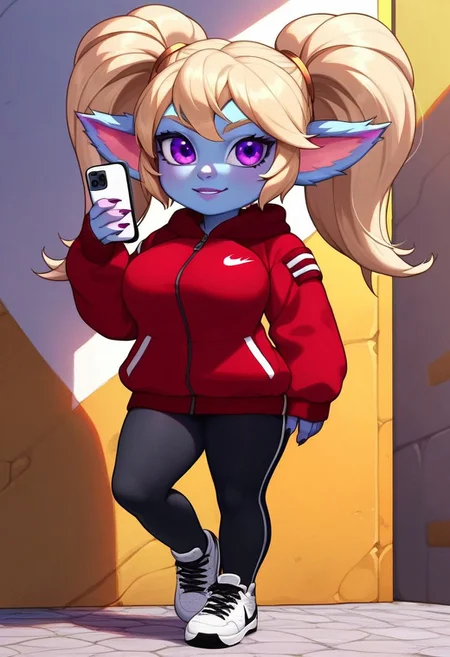 score_9,score_8_up,score_7_up,detailed eyes, beautiful, detailed background, perfect eyes,source_anime, very aesthetic, anime screencap, anime coloring,source_furry,
1girl,Poppy,lol,yordle,colored skin,blue skin,large breasts,large thighhighs,fluffy ears,blonde hair,twintails,purple eyes,
Red bomber jacket, black nike pants,sneakers, phone in hand,
street,