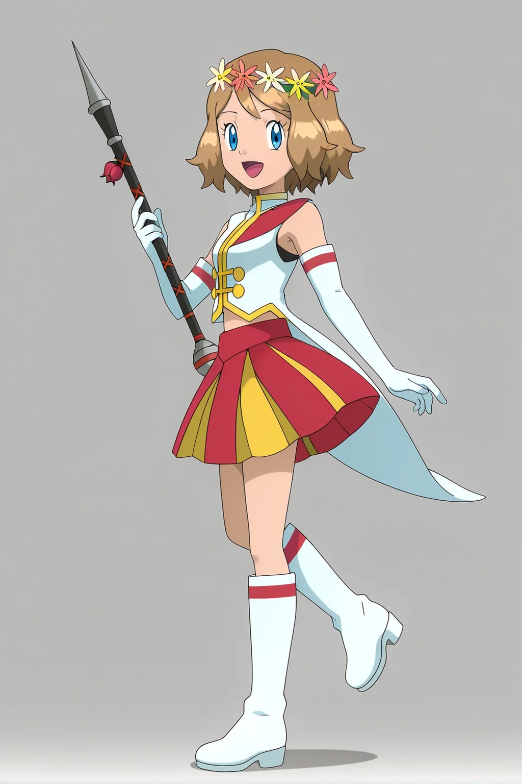 anime, anime screencap, pokemon, serenadorixlc, 1girl, solo, looking at viewer, smile, short hair, open mouth, blue eyes, skirt, simple background, brown hair, gloves, white background, holding, standing, full body, flower, :d, pleated skirt, boots, tongue, elbow gloves, white gloves, hand up, eyelashes, red skirt, leg up, white footwear, light brown hair, standing on one leg, knee boots, serena \(pokemon\)
<lora:Serena_doridorich:1>
