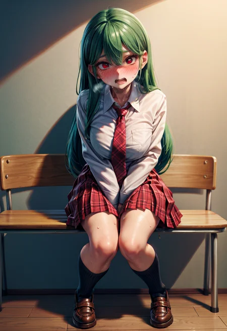 have to pee, <lora:weight_slider_v2:0.7> 1girl, solo, blush, hand between legs, socks, long hair, between legs, white shirt, embarrassed, shoes, miniskirt, bangs, necktie, nose blush, open mouth, long sleeves, peeing self, plaid, full body, sweat, red skirt, teeth, pleated skirt, kneehighs, brown footwear, shiny hair, looking at viewer, sidelocks, shiny, detailed background, school, collared shirt, red eyes, black socks, school uniform, wet clothes, green hair, shirt tucked in, hair between eyes <lora:have_to_pee-v1:1>