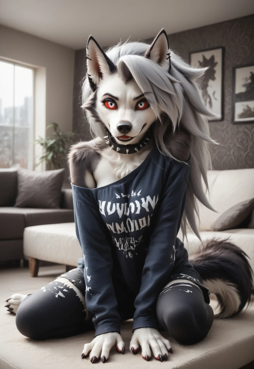 loona, helluva_boss, furry, anthro, tail, dog girl, wolf girl, dog tail, furry female, wolf tail, furry, two-tone fur, gray fur, dark gray fur, absurd res, sharp focus, <lora:more_details:1.0> detailed background, detailed skin, detailed hair, extremely detailed, ultra 8k quality, Hyperrealistic, photorealistic, realistic, ultrarealistic, high definition, detailed fur, highres, super high resolution, 8k, head forward, faceless female,
Red sclera, white iris, animal nose, eye contact, looking at viewer, bangs, front bangs
SPIKED COLLAR, PIERCED EYEBROW,
OFF SHOULDER SWEATSHIRT, LEGGINGS,
living room, couch, sitting,