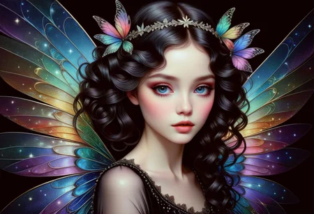 hyper detailed beautiful sugar fairy, coherent delicate face, wavy luxurious hair, intricate iridescent wings, on black velvet canvas, centered composition, rule of thirds, drop shadowed, art by gorjuss, tim burton, margaret keane, charlie bowater, tom wood, keith garvey