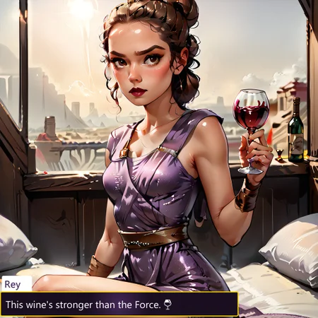 score_9_up, score_9, score_8_up, score_7_up, rating_explicit, 1girl, sexy 18 year old female, tight butt, short, small breasts, petite body, g0thicPXL, bedroom, elegant purple dress, holding a glass of wine, glass of burgundy wine, sipping on wine, jewelry, eyeshadow, mascara, lipstick, blushing, sitting, legs crossed, Rey, Light brown hair, Wavy hairstyle, Fair skin, Hazel eyes, Triple bun hairstyle, Toned physique, Simple, practical clothing, Wears wrist wraps, Scavenger attire, Desert-weathered look, Rey, 1girl, solo, brown hair, brown eyes,