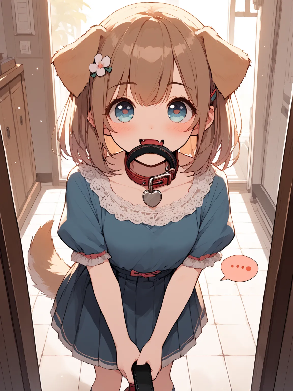 1girl, 
(holding collar with mouth), collar, holding,
(pov), (dog ear),(dog droopy eyes), (dog tail), (brown hair), (flower hairpin),(fang), blouse, skirt, (spoken question:1.5), smile, (happy), kind, looking up, 
wariza on floor, in room, score_9, score_8_up, score_7_up, source_anime, rating_explicit, best quality, masterpiece, uncensored
<lora:collar4u-v3-pony-000010:1>