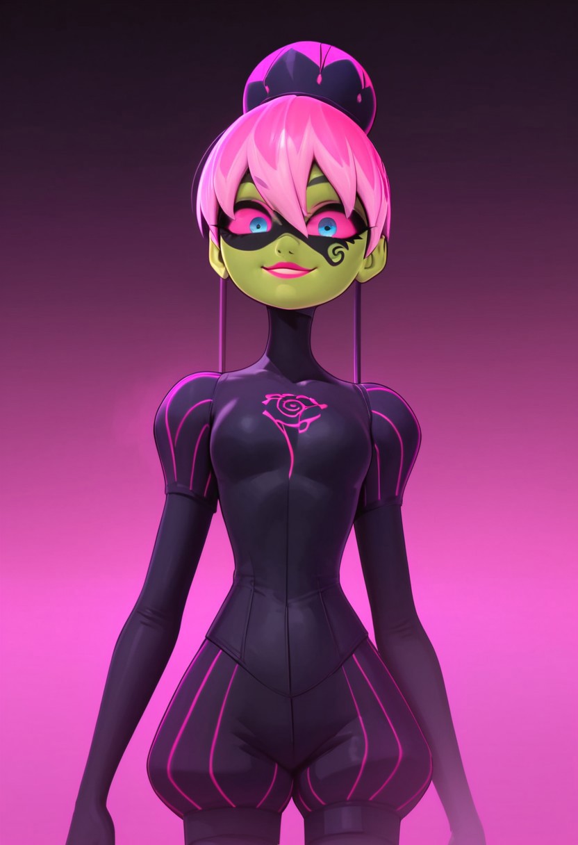 (score_9_up, score_8_up, score_7_up, score_6_up), g0th1c, glowing, Expressiveh, easynegative,  high quality, ultra-highres, Princess Fragrance, green skin, glowing, magenta hair, pink hair, multicolored hair, two-tone hair, bangs, bun, hair between eyes, rosebud-like bun, blue eyes, pink sclera, pink lipstick, black paint around her upper face, over her eyes with a swirl below her left eye, black turtlenecked skin-tight suit, puffed sleeves, puffed shorts, Narrow pink lines, black tube came out of the top of the bun, rose design on her chest, blaster, dark purple tear-shaped bottle, pink horizontal lines, pink glass blaster, smile, looking at view, BREAK, background,  purple mist, magenta fog