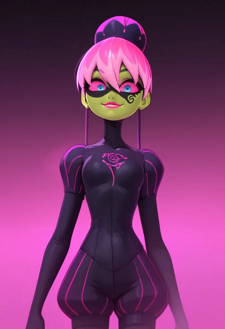 (score_9_up, score_8_up, score_7_up, score_6_up), g0th1c, glowing, Expressiveh, easynegative, high quality, ultra-highres, Princess Fragrance, green skin, glowing, magenta hair, pink hair, multicolored hair, two-tone hair, bangs, bun, hair between eyes, rosebud-like bun, blue eyes, pink sclera, pink lipstick, black paint around her upper face, over her eyes with a swirl below her left eye, black turtlenecked skin-tight suit, puffed sleeves, puffed shorts, Narrow pink lines, black tube came out of the top of the bun, rose design on her chest, blaster, dark purple tear-shaped bottle, pink horizontal lines, pink glass blaster, smile, looking at view, BREAK, background, purple mist, magenta fog