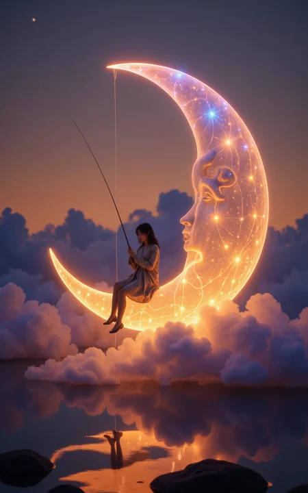 XUER hologram Laser，realistic,textured metal,
A girl sits serenely on a crescent moon, (fishing among the clouds:1.4).  The scene has an evening, tranquil atmosphere.  It’s dreamy and whimsical.
deep depth of field, photography, Natural geographic photo, Hyper-realistic, 16k resolution, (masterpiece, award winning artwork), many details, extreme detailed, full of details, Wide range of colors, high Dynamic,