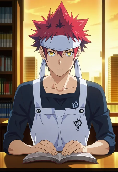 masterpiece, best quality, intricate details, anime screencap, anime coloring, official style, looking at viewer, 1boy, solo, male focus, <lora:souma_yukihira_ilxl:0.96>, souma_yukihira, red hair, yellow eyes, spiked hair, white headband, white apron, city library, study desks, glowing shelves, hushed whispers, reading pose, immersed expression, warm ambiance,