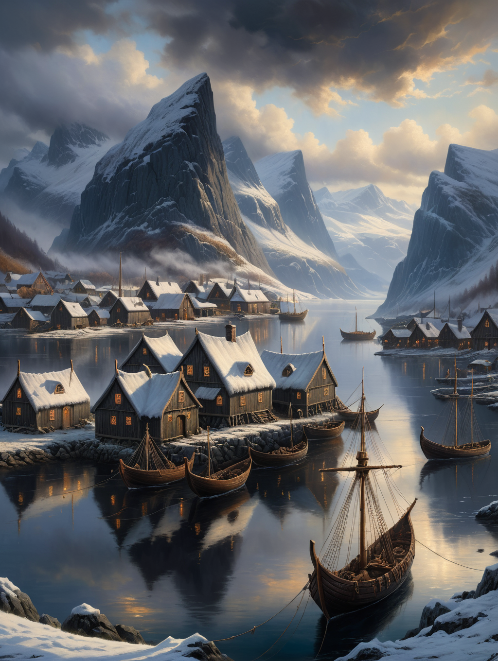 oil painting, A small Viking village with a pallisade and harbour, 34K uhd, masterpiece, high detail, 8k, intricate, detailed, high resolution, high res, high quality, <lora:add-detail-xl:1.8>, highly detailed, Extremely high-resolution details, fine texture,