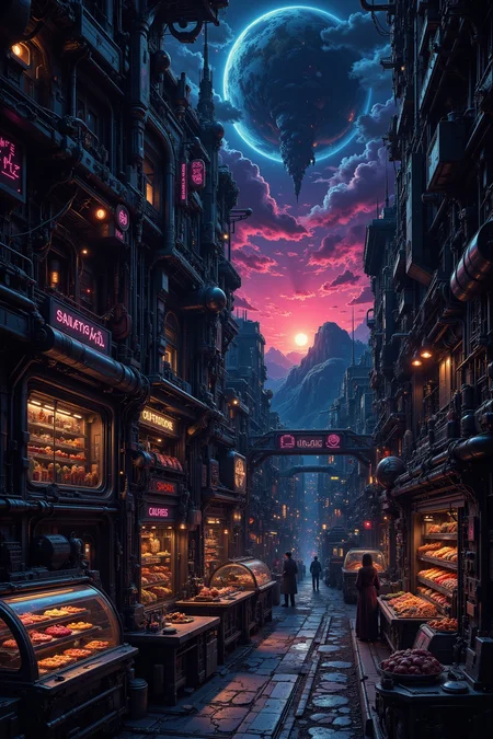 a sweets and pastries shop,beautiful misterious futuristic sci-fi cyberpunk landscape, dusk, woman, very intricate, very detailed, sharp, colorful, <lora:Hand v2:0.5> <lora:Anti-Blur:1><lora:Insane Detail Slider:0.25> <lora:flux.1_lora_flyway_Epic-detail_v2:0.3> <lora:fluxenhancer:0.25><lora:The_Dark_Side_Of_The_Future:0.4><lora:Neurocore Anime Cyberpunk v2.0:0.5> A digital artwork in the style of cknc