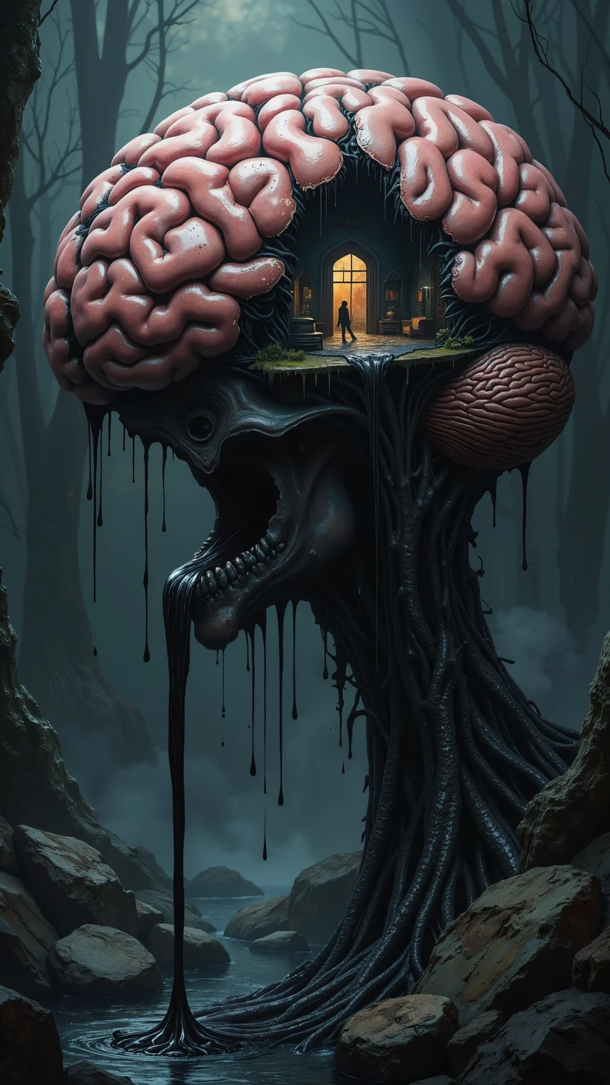 Hyperrealism surreal dark concept creative artwork that represents (anxiety) it shows an organic house made of brain tissues some of the brain is falling off. the brain have his own soul. inside the brain_house a single fearsome shadow lurking between its dark rooms. dark liquid is pouring out of the brain and making a never_ending_river of pain. the illustration represents anxiety as a mental illness that drives the mind to a meltdown to a point being crazy. the concept shows the struggle a crazy_person have with his corrupted mind making this image a masterpiece of photography and digital art. realistic hyper-detailed rendering 32k UHD graphic design fear.