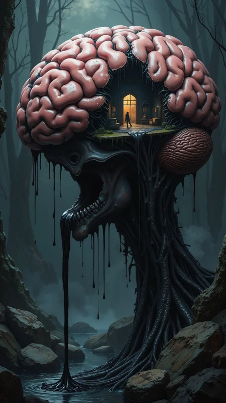 Hyperrealism surreal dark concept creative artwork that represents (anxiety) it shows an organic house made of brain tissues some of the brain is falling off. the brain have his own soul. inside the brain_house a single fearsome shadow lurking between its dark rooms. dark liquid is pouring out of the brain and making a never_ending_river of pain. the illustration represents anxiety as a mental illness that drives the mind to a meltdown to a point being crazy. the concept shows the struggle a crazy_person have with his corrupted mind making this image a masterpiece of photography and digital art. realistic hyper-detailed rendering 32k UHD graphic design fear.