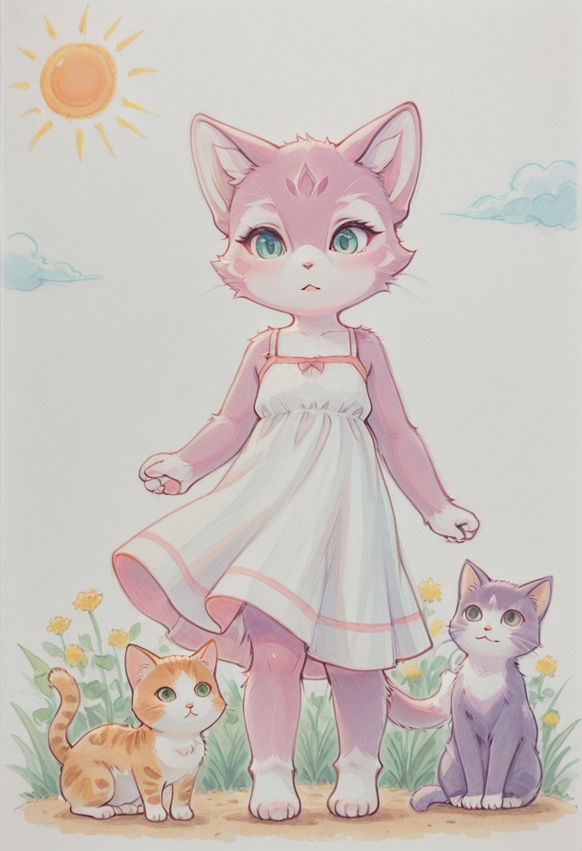 highly detailed, traditional media, 1girl, cat, purple fur, two-tone fur, pink striped fur, sun dress