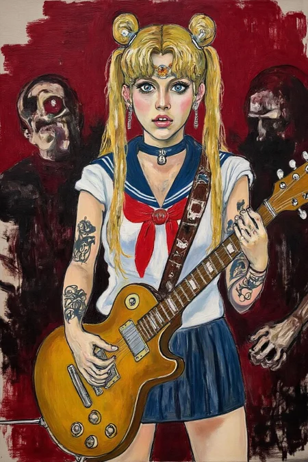 aliceneel2 painting.
Punk sailor moon playing a guitar at a heavy metal mosh pit, tattoos, piercing.  <lora:aliceneel2_d8a4:1.0><lora:866320774607145359:0>