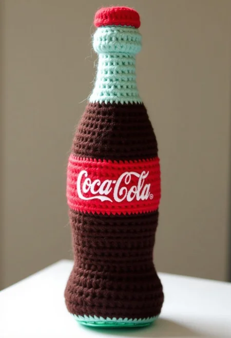 a crocheted bottle of Coca-Cola in the style of CRCHTD