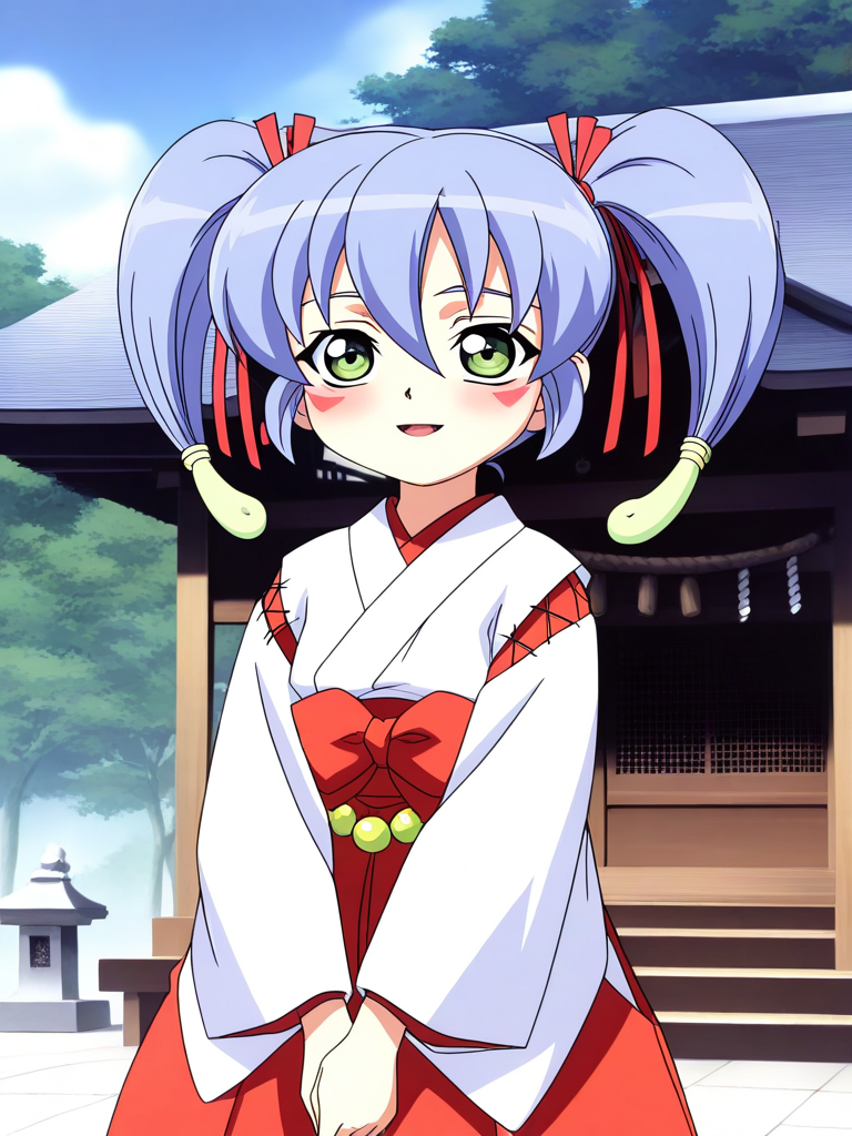 general,highres, ultra-detailed,very aesthetic,best quality ,best hands, BREAK <lora:Nazuna_Onmyou_Taisenki_Ver2.0_IS:1>
Nazuna, 1girl, solo, blue hair, short hair, red ribbon, hair ribbon, short twintails, magatama hair ornament,green eyes, light smile, v arms,
1girl, solo, japanese clothes, miko, green eyes, red hakama, long hair, skirt, open mouth, hakama, blue hair, blush, hakama skirt, long sleeves, facial mark, golden beads, waist beads,
red triangle facial mark, hair between eyes,white kimono,cross-laced sleeves,long sleeves, wide sleeves, red hakama pants, red layered waist bow,
shrine, outdoor, sky, tree,