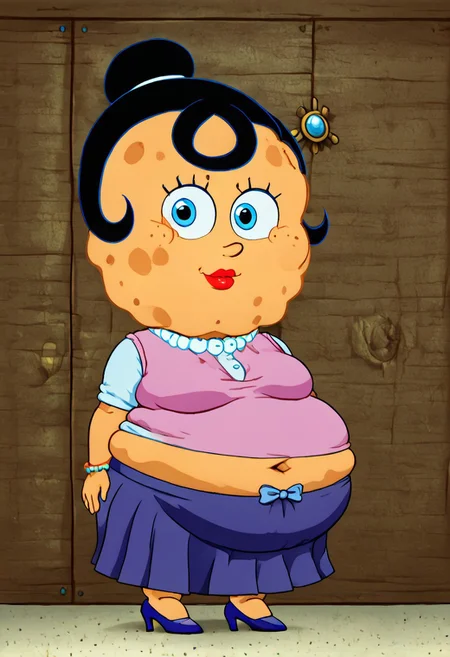 sp0nge_m0m,
1girl,
blue eyes,
solo,
black hair,
high heels,
jewelry,
shirt, Skirt,
(portrait, head tilt, looking at viewer), (fat:1.5), exposed navel