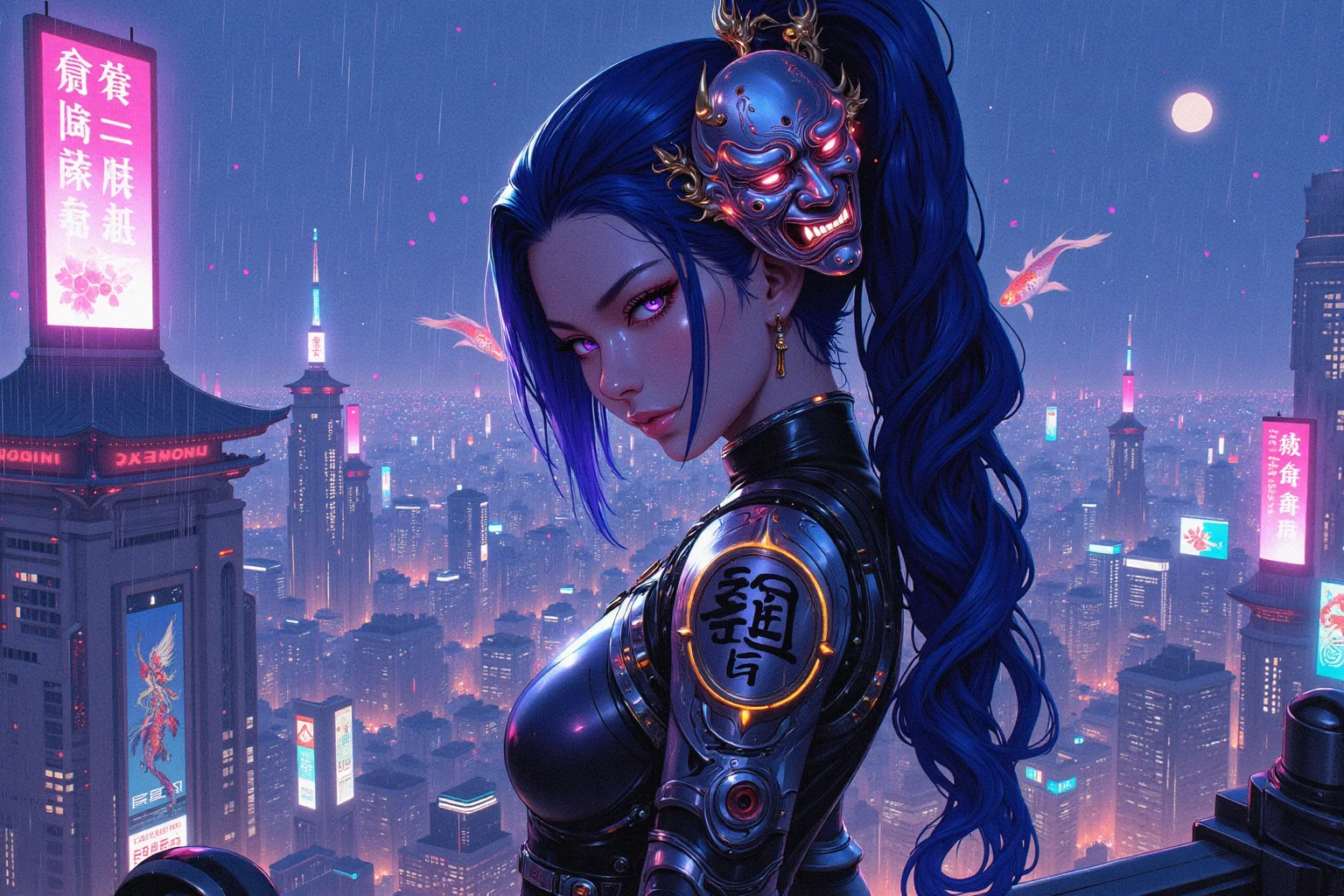 A breathtaking cyberpunk kunoichi with striking violet eyes, Extremely beautiful and detailed face, their glow resembling the hypnotic shimmer of a neon-lit Tokyo night. Her sleek, electric-blue hair is styled into an elegant high ponytail, adorned with cybernetic hairpins shaped like glowing sakura petals. A delicate, holographic hannya mask rests on the side of her face, flickering between digital transparency and a menacing demonic visage.  

She wears a high-tech, form-fitting bodysuit infused with traditional Japanese elements—textured like woven silk yet reinforced with advanced nanofiber plating. Subtle neon kanji symbols glow along her sleeves, shifting dynamically between protective spells and encoded messages. A cybernetic samurai-style shoulder guard glows faintly with intricate golden circuits, and her arms bear elegant, programmable tattoos depicting ancient dragon motifs that pulse with an otherworldly light. Her left arm is fully cybernetic, designed with the precision of a master swordsmith, its fingers razor-sharp like a hidden blade.  

She stands poised atop a sleek, rain-slicked rooftop in Neo-Tokyo, her silhouette illuminated by the vibrant holographic billboards below. Towering red torii gates, repurposed as neon-lit entryways to digital temples, cast an ethereal glow against the foggy skyline. In the distance, enormous holographic koi fish glide gracefully through the air, swimming through rivers of data streams cascading from floating megastructures.  

A gentle rain drizzles over the neon city, each drop glowing momentarily as it touches her suit, the reflections forming a dreamlike cybernetic ukiyo-e painting. Cherry blossom petals, enhanced with bioluminescent nanotech, drift through the air, mixing with the neon haze. She smirks with quiet confidence, her cyber-katana resting at her side, ready to carve her legend into the underworld of this digital metropolis.  

A stunning fusion of **traditional Japanese aesthetics and cyberpunk futurism**, captured in ultra-detailed, hyper-realistic **8K resolution**. Cinematic lighting, neon-drenched atmosphere, breathtaking visuals, infused with deep Japanese cyberpunk lore.  


Art in the style of Yomu_Yakadashi.

EpicGorgeousDetails, cinna flow, 8k detailed neon themed digital illustration style, 8uartz4r4