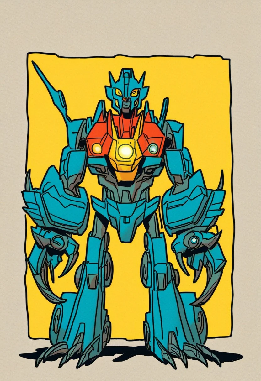 (Whirl_(IDW)), 1boy, Robot, (mecha), claw hands, camera head, claws, standing, arms at sides, (one-eyed), one eye, yellow eyes, metal skin, blue plating, looking at viewer, no humans, transformer, autobot, TransformersStyle, cartoon style, cartoon source,