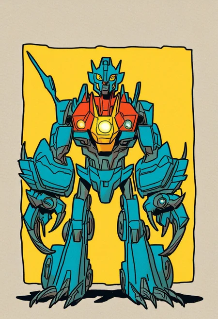 (Whirl_(IDW)), 1boy, Robot, (mecha), claw hands, camera head, claws, standing, arms at sides, (one-eyed), one eye, yellow eyes, metal skin, blue plating, looking at viewer, no humans, transformer, autobot, TransformersStyle, cartoon style, cartoon source,