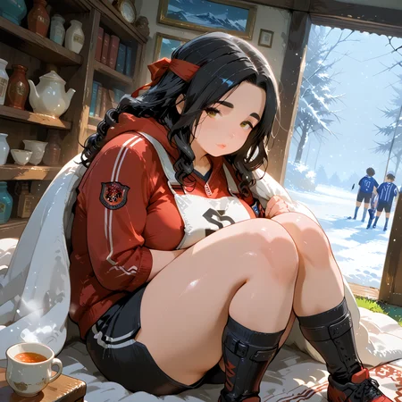 IllusP0s, PonyScores7, source_anime, ah1, IllustriousQual, interesting, exciting, spectacular, wonderful, amazing quality, absolutely eye-catching, 
BREAK <lora:xl_more_art-full_v1:0.2>, <lora:aesthetic_anime_v1s:0.2>, <lora:EpicF4nta5yXL:0.2>, <lora:detailxl:0.2>, detailxl, <lora:Fant5yP0ny:0.2>, amazing quality, best aesthetic, absurdres, illustration, Volumetric_Lighting, ultra-detailed, very aesthetic, intricate details, best_quality, <lora:Add_Details_v1.2:0.4>, <lora:quality_modifiers_masterpieces_v1:0.2>, <lora:ZootPonyAnime_V1_r2:0.2>, <lora:Bestifacator2:0.2>,
BREAK ((lounging in a cozy reading nook, surrounded by bookshelves, a soft throw blanket wrapped around, and a cup of herbal tea steaming on a table, creating a perfect atmosphere for relaxation)),
BREAK Stable_Yogis_PDXL_Positives, AS-Adult, <lora:Complicated fantasy portrait - XL Pony V2.0:0.2>, bad-hands-5, <lora:HDA_Detailer:0.3>, <lora:natsumi_style:0.5>, <lora:by_usakun-pony:0.4>, by usakun, <lora:Akina_Bbw_Style_-_PonyXL:0.2>, AkinBw, ((Dutch Angle, (from side), focus on knees)),
BREAK 1girl, mature female, (curvy), round-chin, caucasian, <lora:ETO_OC_Illustrius:0.5>, eto_oc, skindentation, (plump), thick thighs, wide hips, busty, voluptuous, <lora:venus body PonyXL:0.3>, <lora:shinyskin2:0.2>, glistening skin, HDA_FatGirlXL, round ass, large breasts, <lora:plussizegirls_IL:0.3>, <lora:plussizegirls_pony:0.3>, <lora:perfection style:0.2>, perfection style, perfection, 
BREAK (({glamorous|stunning|fashionable|elegant|chic|sophisticated|stylish|striking|photogenic|radiant} football player, shin guards, captain armband, headband, training bib, {soccer jersey|training vest|athletic shirt|{neatly pressed|clean|crisp} soccer uniform top|sports jacket|hoodie|t-shirt}, {soccer shorts|athletic shorts|training pants|sweatpants|track pants|comfortable shorts|compression shorts}, {soccer cleats|running|sports|athletic|training|turf} shoes)),
BREAK (curly hair), long hair, (black hair:1.4), (parted hair:1.7), messy hair, kinky curls, <lora:hairdetailpxl:0.2>, hairdetailpxl,
BREAK (half green and brown eyes), (colorful eyes), (multicolored eyes), (downturned eyes:1.4), expressive eyes, <lora:perfect-eyes:0.4> perfecteyes , EyesHD, (round face:1.2), (thick eyebrows:1.3), (plump face), <lora:Round_face:0.2>, lips, <lora:DetailedEyes_xl_bdsqlsz_V1:0.2>, <lora:Eyes_Lora_Pony_Perfect_eyes:0.2>, <lora:focusoneyes:0.2>, <lora:cinematic eye color style illustrious v1:0.2>,
BREAK ((dreamy expression)), <lora:Expressive_H:0.2>, Expressiveh, <lora:Emotional_Anime_Expressions_PonyXL_Concept:0.2>, emotional, <lora:Best_Facial_Expression_LoRA_PONY:0.2>, looking at viewer, <lora:Detailed expressive EXEV style -XL Pony V1.0:0.2>, FaceDetail, <lora:Best_Facial_Expression_Helper_XTREME_ILLU:0.4>, kaogei,
BREAK (((A sudden snowstorm catches everyone off guard, blanketing the town, Men feel unprepared, but the twist is the snow reveals hidden footprints leading to a secret meeting place))), <lora:Background Detailer - SDXL:0.8>, 4k, 8k, Ultra HD, Masterpiece, Best quality, Detailed background, <lora:Add_more_details_V2_XLpony:0.2>, full_details, <lora:background-type1:0.2>, <lora:Anime_Aesthetic_Wallpaper_StyleIllustriousXL:0.2>, aniwall,