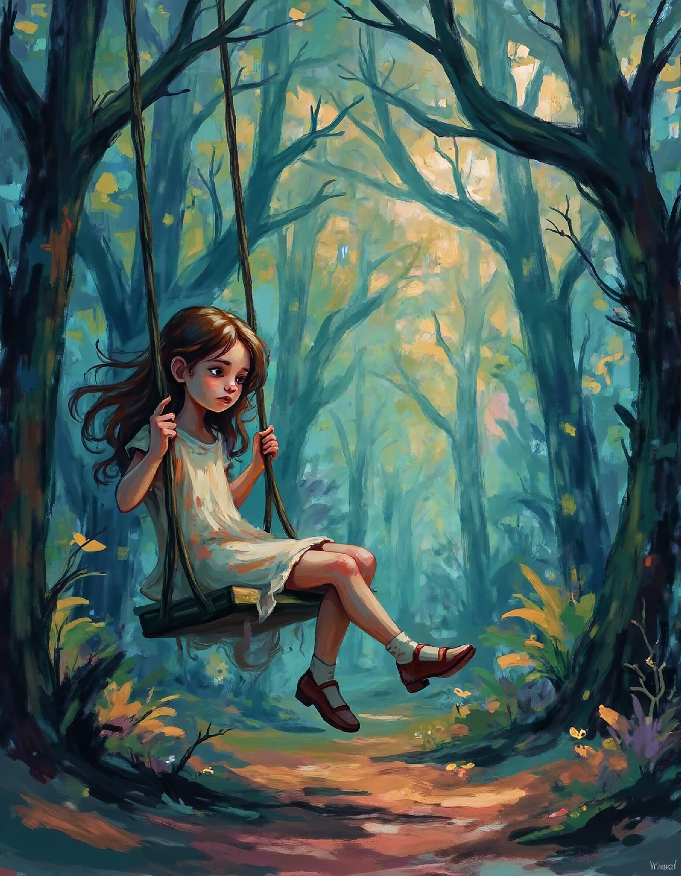 ssf_4bstr4ct painting of a sad girl sitting on a swing in a dark creepy forest