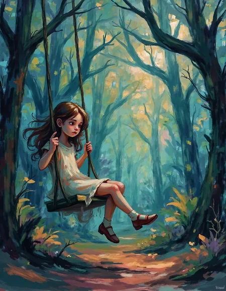 ssf_4bstr4ct painting of a sad girl sitting on a swing in a dark creepy forest