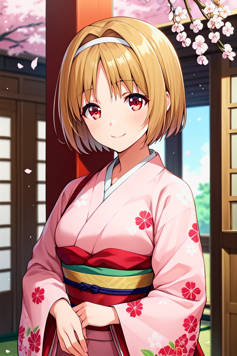 score_9, score_8_up, score_7_up, score_6_up, score_5_up, score_4_up, rating_questionable, , source_anime, digital illustration, pixiv, fanbox, uncensored, , BREAK, official art,
1girl, solo, female, kushida kikyou, short hair, hair intakes, red eyes, (hair band:0.8),
japanese clothes, kimono, japanese background, floral print, cherry blossoms,,, outdoors, light smile, blush, cowboy shot, looking at viewer, <lora:Kushida_Kikyou_Pony-000009:0.9>