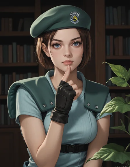 score_9, score_8_up, score_7_up, score_6_up, score_5_up, score_4_up, source_anime, realistic, photoshop \(medium\), <lora:REJill_t1-000022-128:1.0> RE1Jill, blue eyes, brown bob cut, beret, breasts, fingerless gloves
, eating leafy greens, library
, dark environment, mansion, indoors, moody lighting