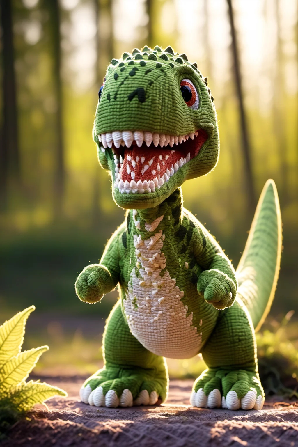 BJ_Sewing_doll,solo,open_mouth,standing,tail,full_body,teeth,blurry,pokemon_\(creature\),no_humans,blurry_background,sharp_teeth,T-rex,photo,8k,highly detailed,digital photography,hdr,realistic,high definition,<lora:SDXL_Sewing_dol_v2:1>,