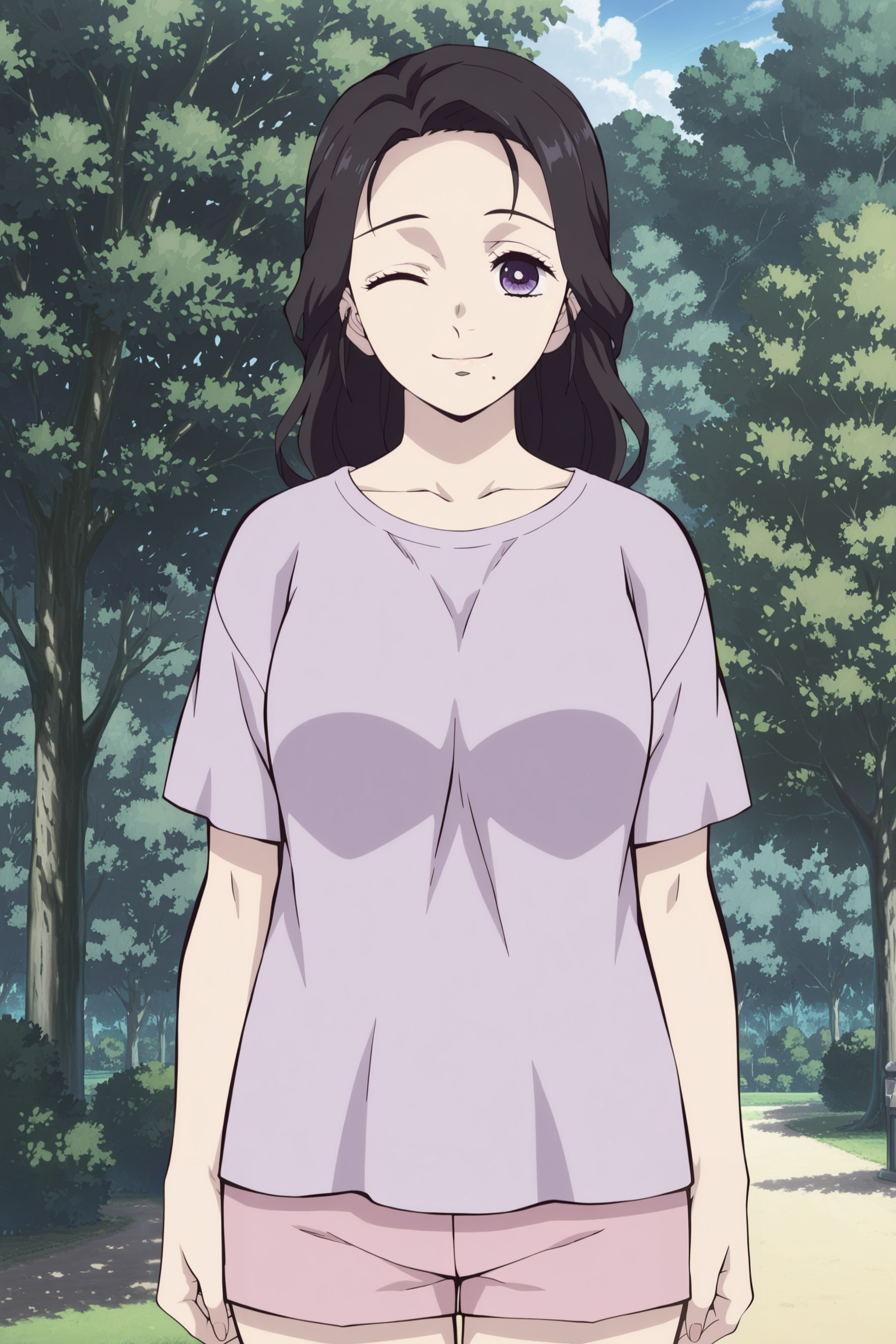 anime screencap, anime coloring, detailed face, masterpiece, best quality, very aesthetic, absurdres, volumetric lighting, official style, amazing quality, ultra detailed,  highres, amazing quality, scenery, beautiful detailed hair, beautiful detailed eyes,
 <lora:Kie_Kamado_Demon_Slayer:1>
Kie Kamado (character), 1girl, solo, mature woman, black hair, purple eyes, mole under mouth, looking at viewer, outdoors, cowboy shot, long hair, hair down, cute smile, mouth closed, one eye closed, winking,
cute purple frilly t-shirt, short pink shorts, summer, trees, in a park,