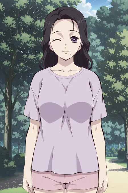 anime screencap, anime coloring, detailed face, masterpiece, best quality, very aesthetic, absurdres, volumetric lighting, official style, amazing quality, ultra detailed,  highres, amazing quality, scenery, beautiful detailed hair, beautiful detailed eyes,
 <lora:Kie_Kamado_Demon_Slayer:1>
Kie Kamado (character), 1girl, solo, mature woman, black hair, purple eyes, mole under mouth, looking at viewer, outdoors, cowboy shot, long hair, hair down, cute smile, mouth closed, one eye closed, winking,
cute purple frilly t-shirt, short pink shorts, summer, trees, in a park,