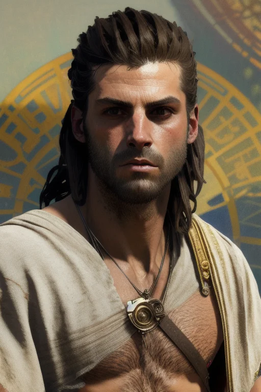 (digital art by Martin Deschambault, by Dean Cornwell, by Alphonse Mucha, painterly:1.5), Alexios had bronze skin, a strong chin and a fierce determination in his deep brown eyes. He wore long, leather sandals with thick straps and a heavy, wool cape draped over his torso and embroidered with his family crest. He carried two powerful swords, one with a long, curved blade and the other a short, metal shaft studded with iron spikes. Alexios moved with a purposeful stride, his muscles rippling with strength and agility. Every step, every action was motivated by honor and duty. He was a proud spartan mercenary that could not be deterred from his chosen path. cinematic, atmospheric, light particles, soft lighting, in ancient Greece,<lora:Nlo_Alexios_v1:0.8>