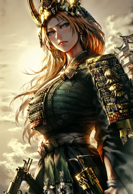 score_9, score_8_up, (cowboy shot:1.5), chest focus, best quality, masterpiece, high contrast, 8k, highly detailed, extremely detailed face, beautiful , Matsumoto Rangiku from Bleach, indifferent, blushing, excited, arrogant, blond hair, slender and perfect figure, (huge breasts: 1.5), thin waist, sexy long legs, beautiful blue eyes, big hoop earrings, wearing Japanese Warring States period armor, holding a Japanese Warring States Period matchlock gun , body shot from waist up, detailed background, surreal, HD, extremely detailed, high resolution, cinematic lighting, octane rendering, 8k resolution, Artstation quality, Horizontal viewing angle