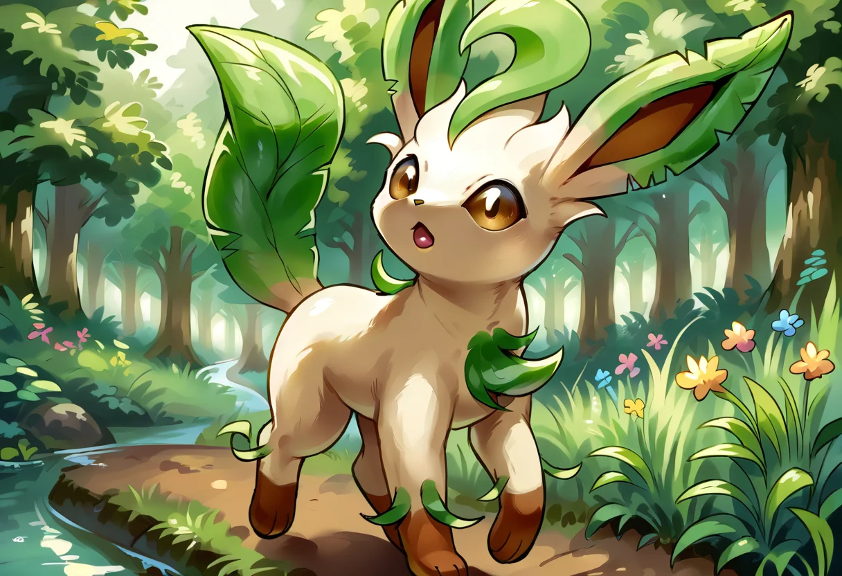 score_9, score_8_up, score_7_up, source_anime BREAK
L34F30N, long ears, brown eyes, tan body, dark brown paws, green body sprouts, green leafy ears, green leafy tail, brown nose, quadraped, brown inner ears, solo
looking at viewer, head tilt, mouth open, walking towards viewer
background: forest, sunbeam, river, butterflies, grass, wildflowers
<lora:Leafeon:1>