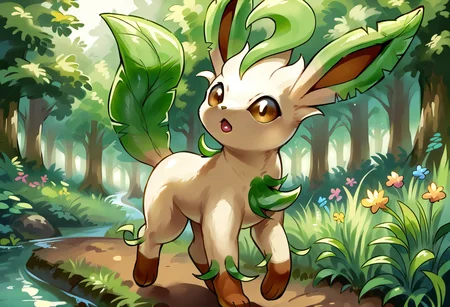 score_9, score_8_up, score_7_up, source_anime BREAK
L34F30N, long ears, brown eyes, tan body, dark brown paws, green body sprouts, green leafy ears, green leafy tail, brown nose, quadraped, brown inner ears, solo
looking at viewer, head tilt, mouth open, walking towards viewer
background: forest, sunbeam, river, butterflies, grass, wildflowers
<lora:Leafeon:1>