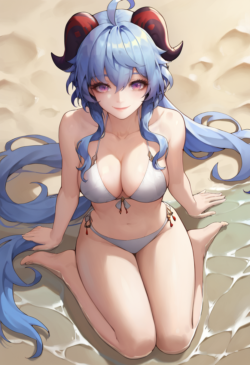 score_9, score_7_up, 1girl, ganyu \(genshin impact\), solo, horns, blue hair, breasts, ahoge, long hair, looking at viewer, bare shoulders, bare arms, bare legs, collarbone, ,large breasts, white bikini, bikini, sandlas, smile, bangs, full body, purple eyes, sidelocks, multicolored eyes,from above,  dynamic angle, simple background, white background, twin horn, bare shoulder,sitting leaning back, beach, sand, water,  <lora:daeho_cha-Style-PonyXL-GLoRA+Final-000045:1>
