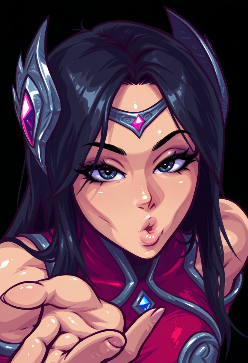 55Mstyle, gonzossm style,  masterpiece, best quality, solo,          irelia \(lol\), black hair, headgear,  leaning close to viewer, blowing a kiss, puckered lips, black background